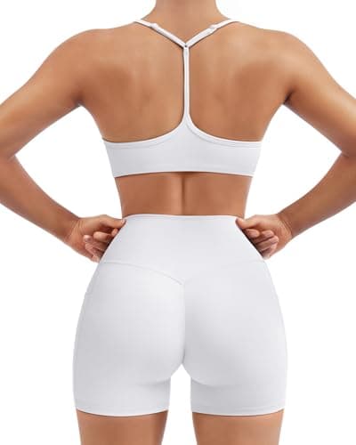SUUKSESS Workout Sets for Women Y Back Sports Top Padded Racerback Yoga Crop Tank High Waisted Bike Short with Pockets (White, M)