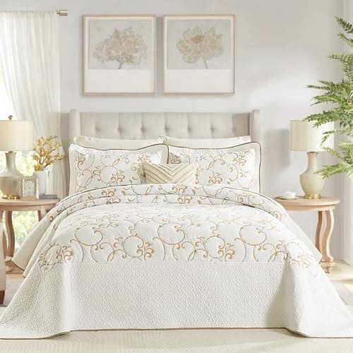 FineStichery 100 Cotton Oversized Bedspread Quilt Coverlet Set 128x120 Extra Large Cal King Bedspreads with Pillow Shams Lightweight Embroidered Bedding Cover 3 Piece BeigeWhite