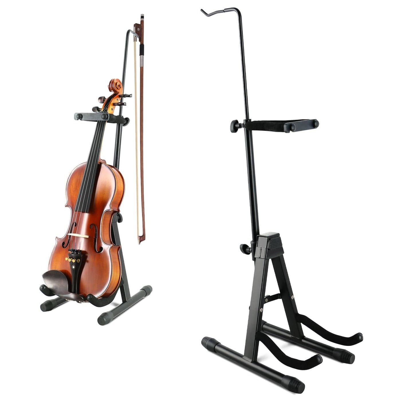 ROWELL Violin Stand Violin Stands with Bow Holder Foldable Portable Viola Stand Height Adjustable Violin Stand with Head Protection Lock Antislip Foot Covers Black
