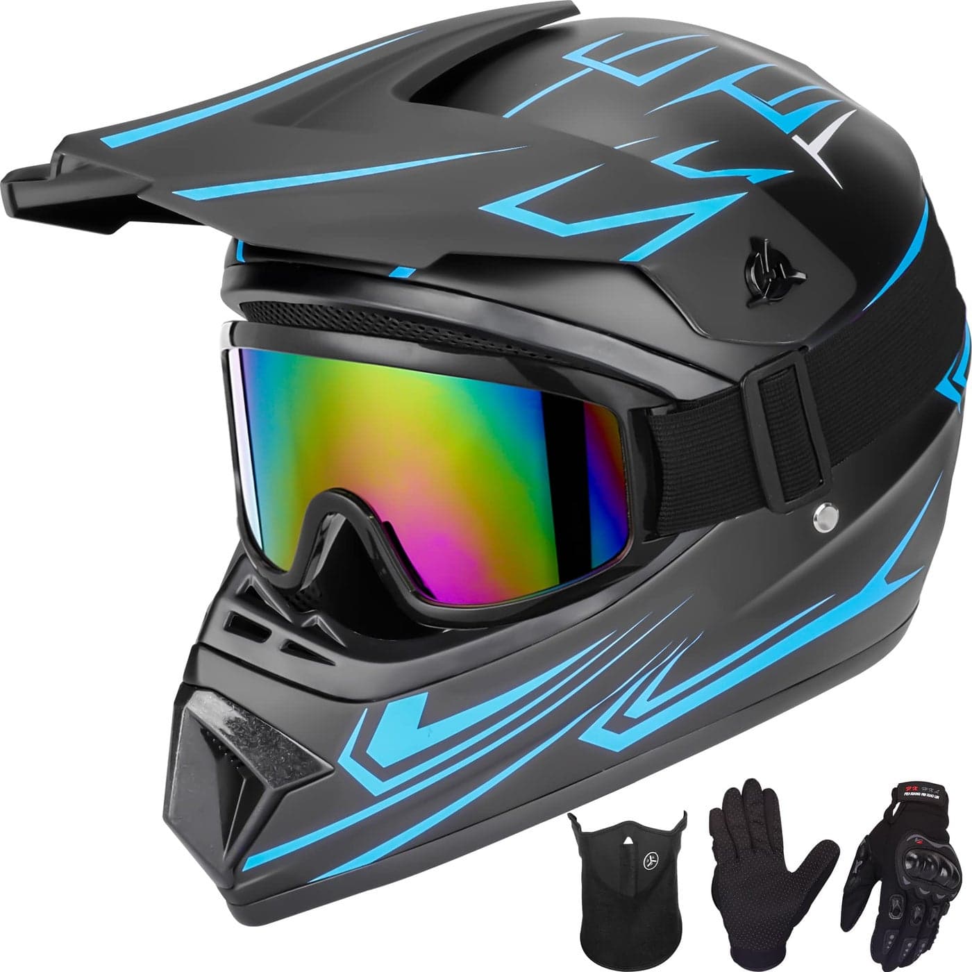 Yesmotor Youth Kids Motocross Helmet Motorcycle Dirt Bike OffRoad Mountain Bike BMX MX ATV Helmet withGloves Goggles Mask 4Pcs Set DOT ApprovedBlueS