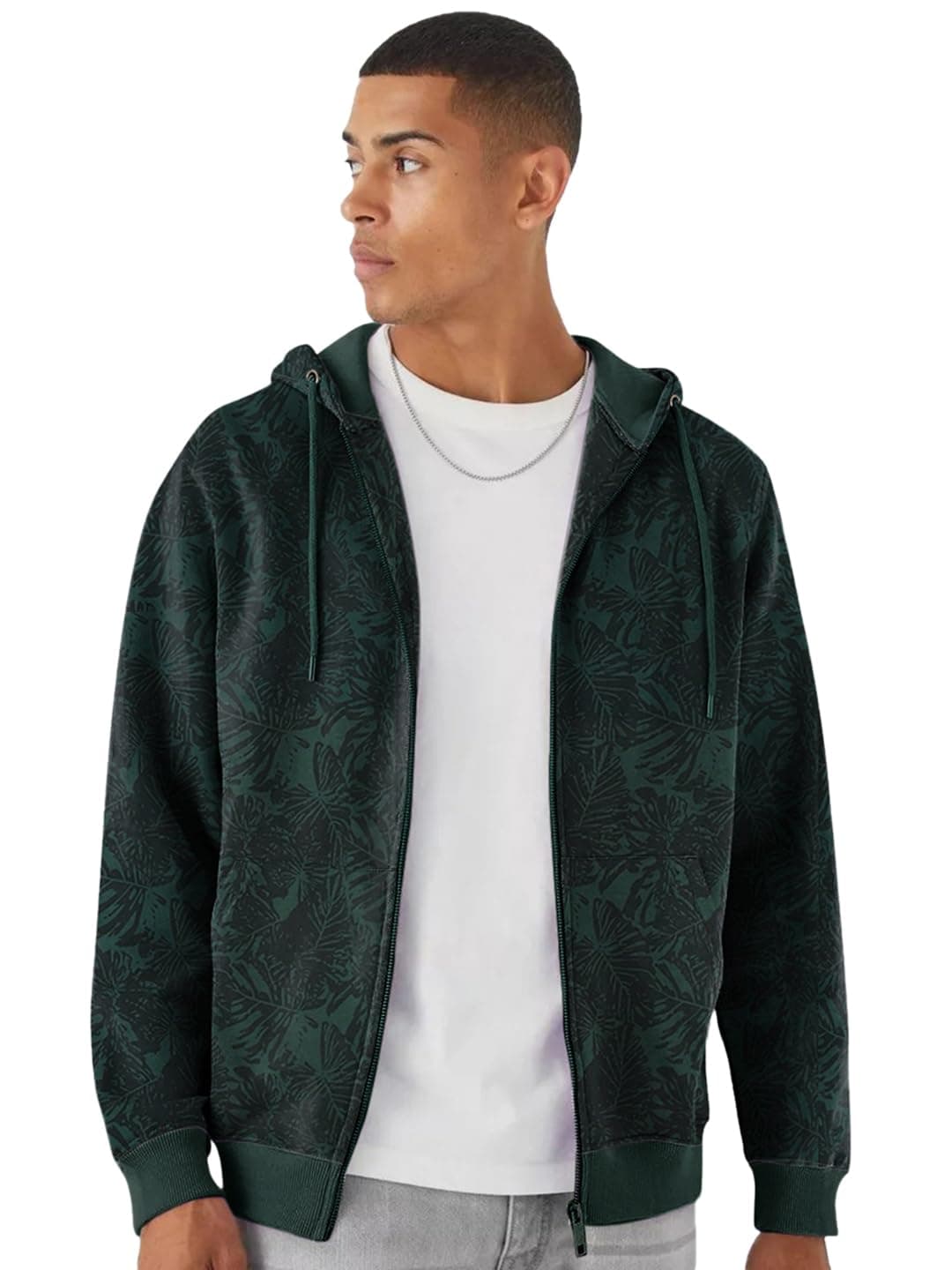 Urbano Fashion Men's Dark Green Regular Fit Printed Full Sleeve Casual Hooded Winterwear Sweatshirt (jakt-aopleafhd-drgreen-l)