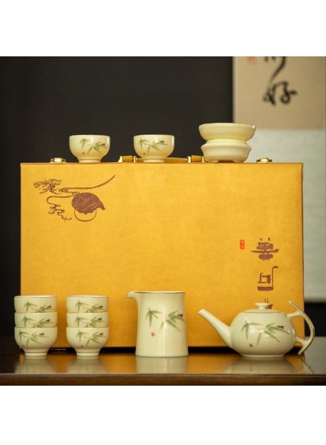 Tea Set Gift Box, kung fu Tea Set Household Complete Set of Office Outdoor Tea Set, Set with Gilded White Porcelain Lid Bowl and Tea Pot, Tea Cups, For Living Room Decoration.