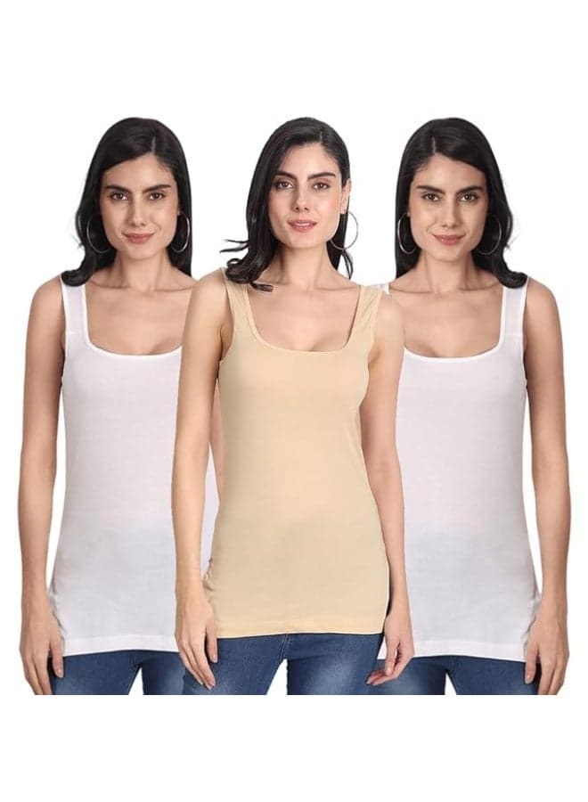 Aimly Women's Sleeveless Cotton Camisole Slip Spaghetti Combo Pack of 3, Contains 2 White and 1 Beige Color
