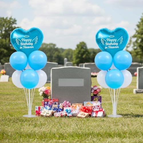 LaRandom 2 Sets Happy Birthday in Heaven Decoration Kit Include 2 Pcs Heartshaped Balloon and Stands 12 Pcs Latex Balloons for Cemetery Memory Life Funeral Condolence Anniversary Decor BlueWhite