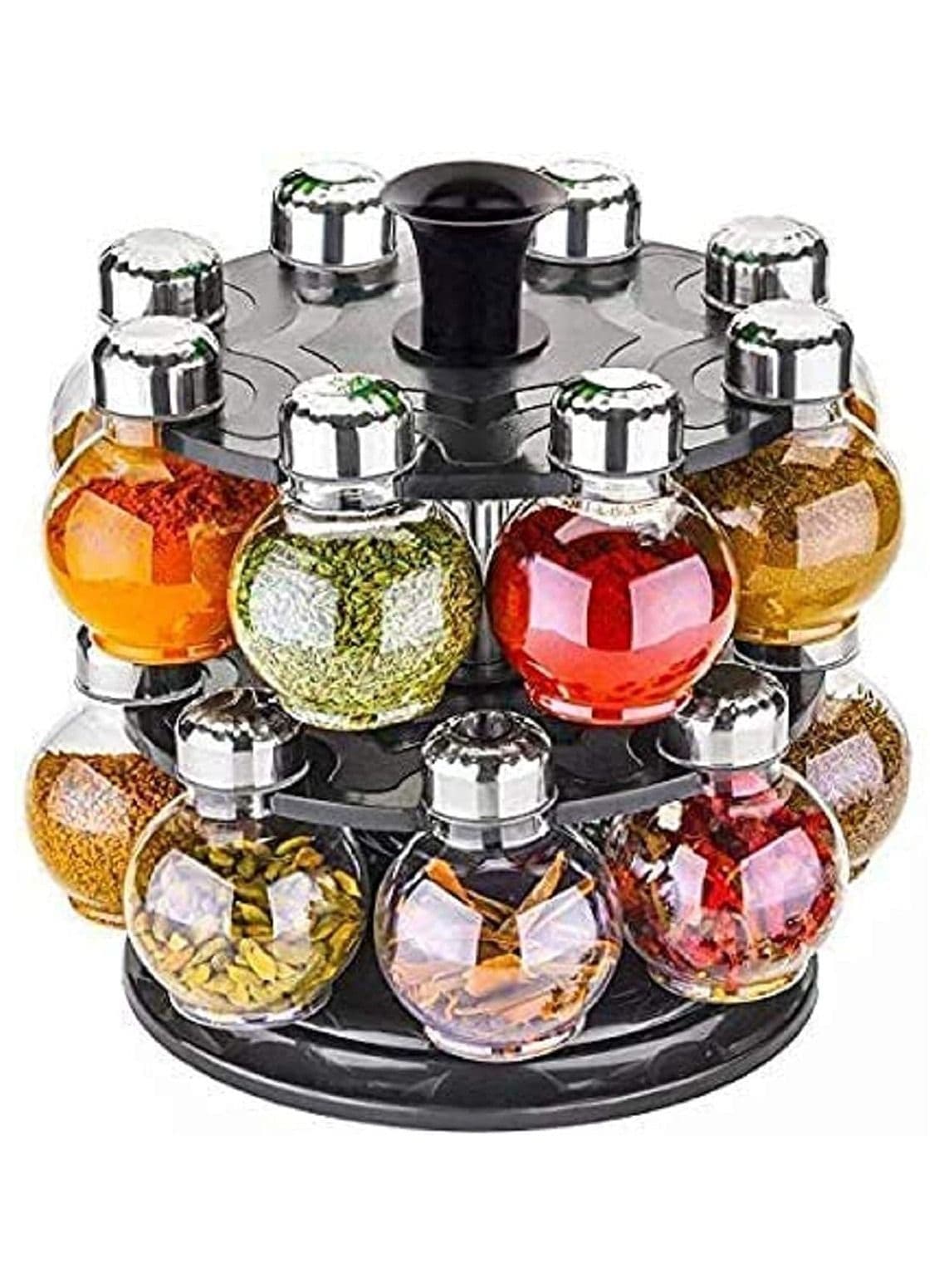 16-Piece Round Rotating Glass Jar Rack Set Black/Silver
