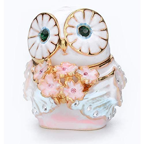 Furuida Cute Big Eyes Owl Holding Pink Bouquet Trinket Box with Hinged Classic Animal Ornaments Unique Gift for Family