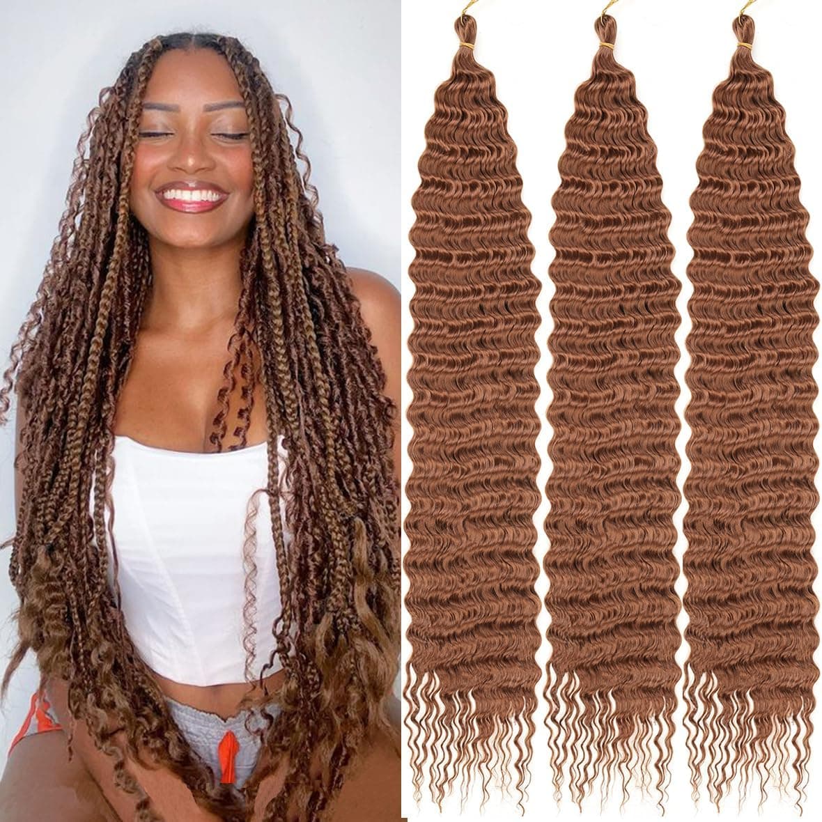 Kachanaa 30 Inch Ocean Wave Crochet Hair Synthetic Crochet Braiding Hair for Boho Box Braids 3 Pack Honey Brown PreSeparate Deep Wave Braiding Hair Extensions for Goddess Braids 30