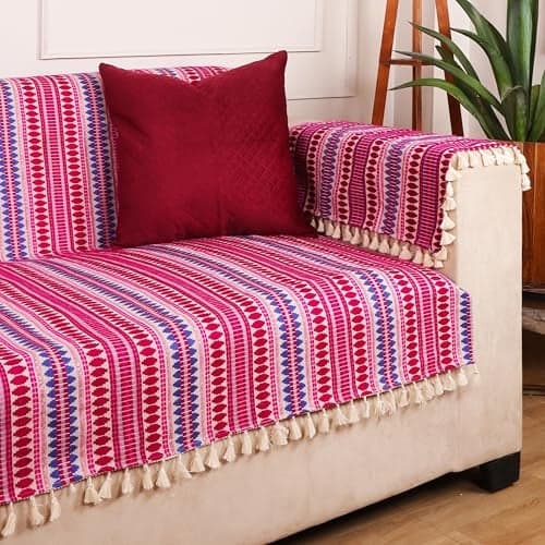 STITCHNEST Woven 1 Seater Sofa Protector with 2 Hand Rest Covers – Purple & White Stripe Design – Washable Fabric with Tassels – Stylish Sofa Cover for Modern Living Room & Furniture Décor