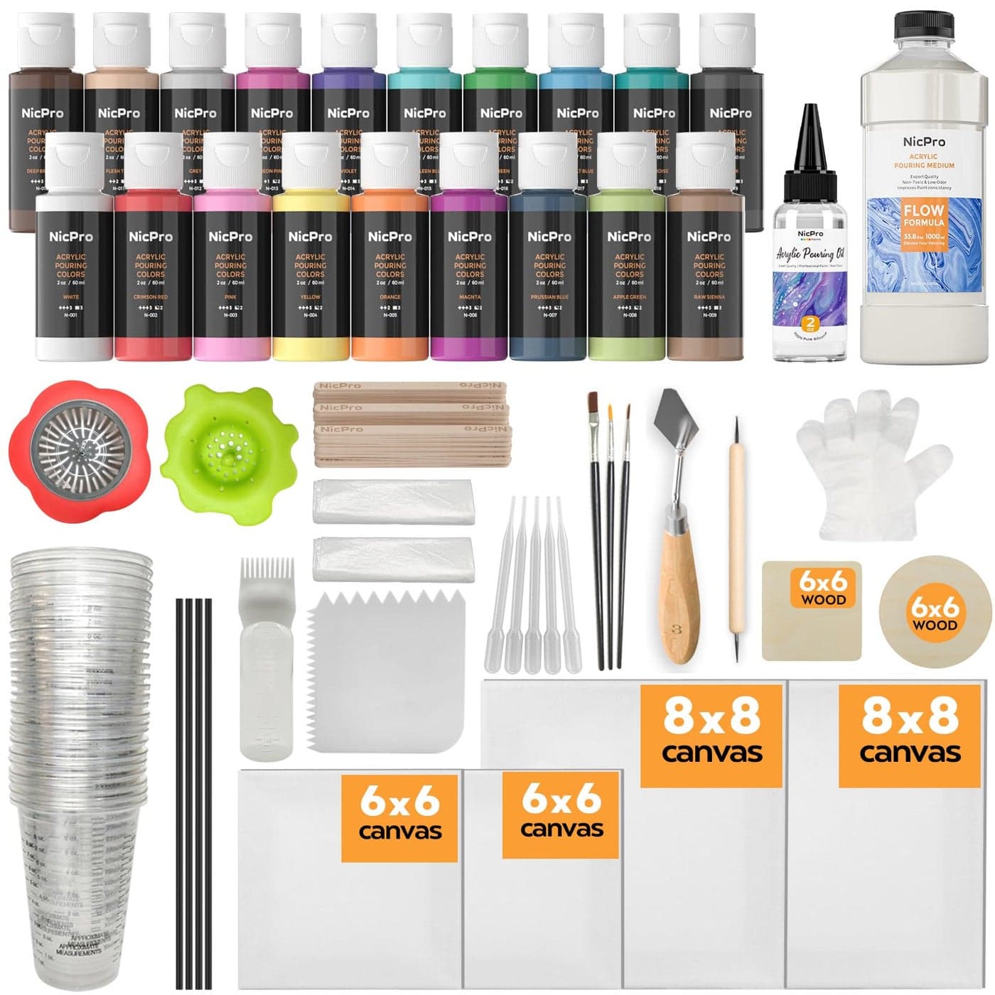 Nicpro Acrylic Pouring Kit Artist Starter Supplies Including 19 Colors Acrylic PaintsPouring Medium Silicone Oil Canvases Gloves Strainers Mixing Stick Instructions for Flow DIY Painting