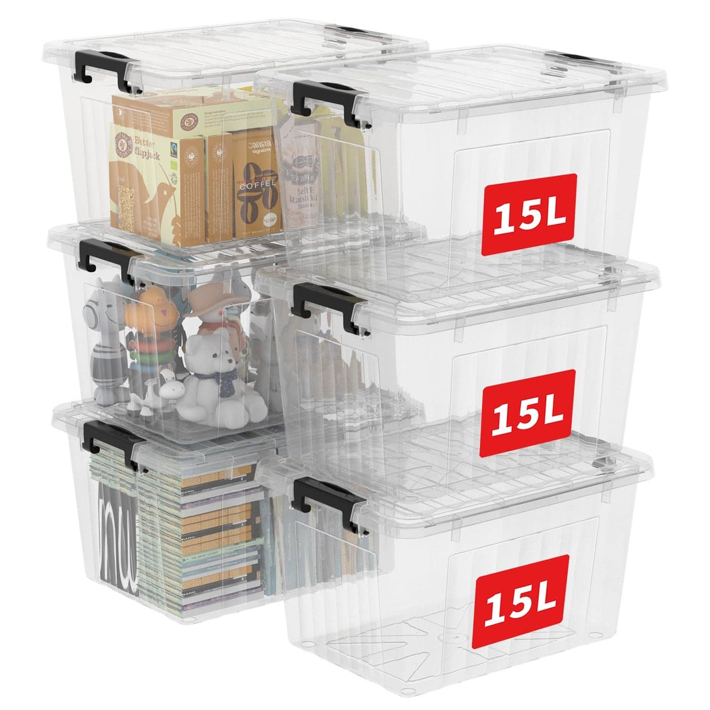 Cetomo 15L6 Storage Boxes with Lids Plastic Storage Bins with Latching Buckles Click Closure Stackable Nestable Clear Organizer for Home Office Clothes Transparent 15L6 Pack