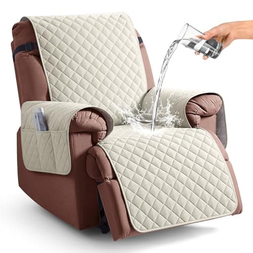 KinCam 100% Waterproof Recliner Chair Cover, Reclining Couch Covers for Pets, Dogs, Recliner Couch Slipcover Furniture Protector with Elastic Straps for Kids(23.6", Ivory)
