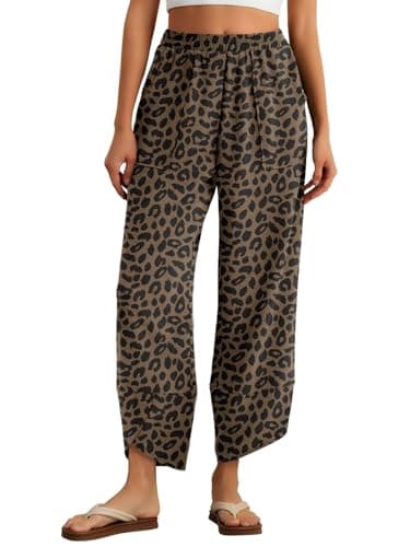 Feiersi Womens Baggy Wide Leg Pants Elastic Waisted Casual Palazzo Harem Pants Summer Beach Trousers(Leopard Dark Khaki,Medium)