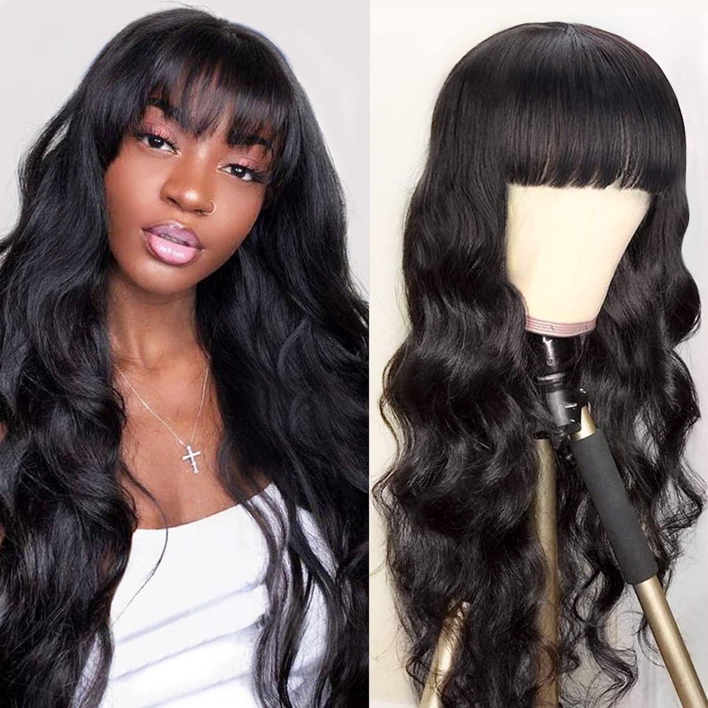 Body Wave Human Hair Wigs with Bangs None Lace Front Wigs 150 Density Brazilian Virgin Hair Glueless Machine Made Wigs for Black Women Natural Color28 Inch Body Wave