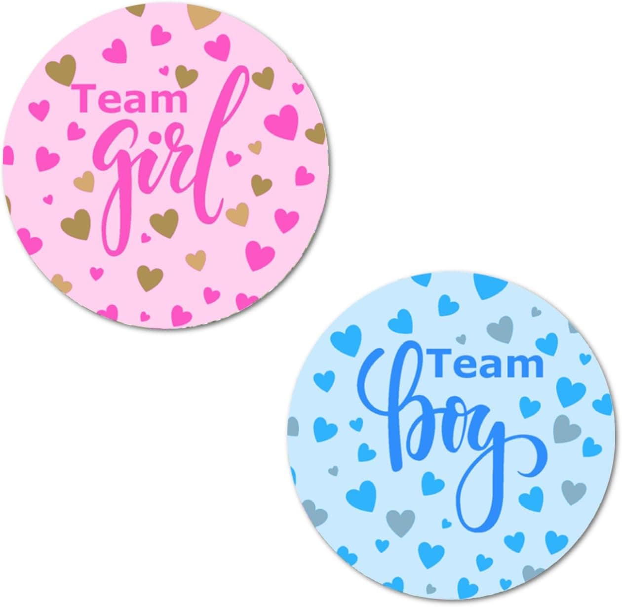 40 Team Girl Team Boy Hearts Background Gender Reveal Stickers 2 Inch Big Round Glossy Labels Pink and Blue Decals Great for Baby Shower Party Favors Tags Games and Supplies Made in USA