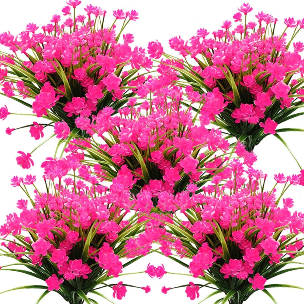 Grunyia Artificial Flowers Outdoor UV Resistant Fake Plants Indoor Outside Hanging Planter Home Garden Decor 10 Bundles Pink
