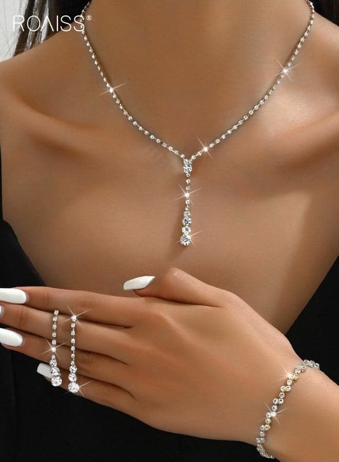 Women Rhinestone Jewelry Set, Silver Rhinestone Crystal Necklace Dangle Earrings Bracelet Set, Wedding Jewelry Sets for Brides Bridesmaid, Dainty Bridal Wedding Prom Formal Costume Jewelry for Ladies