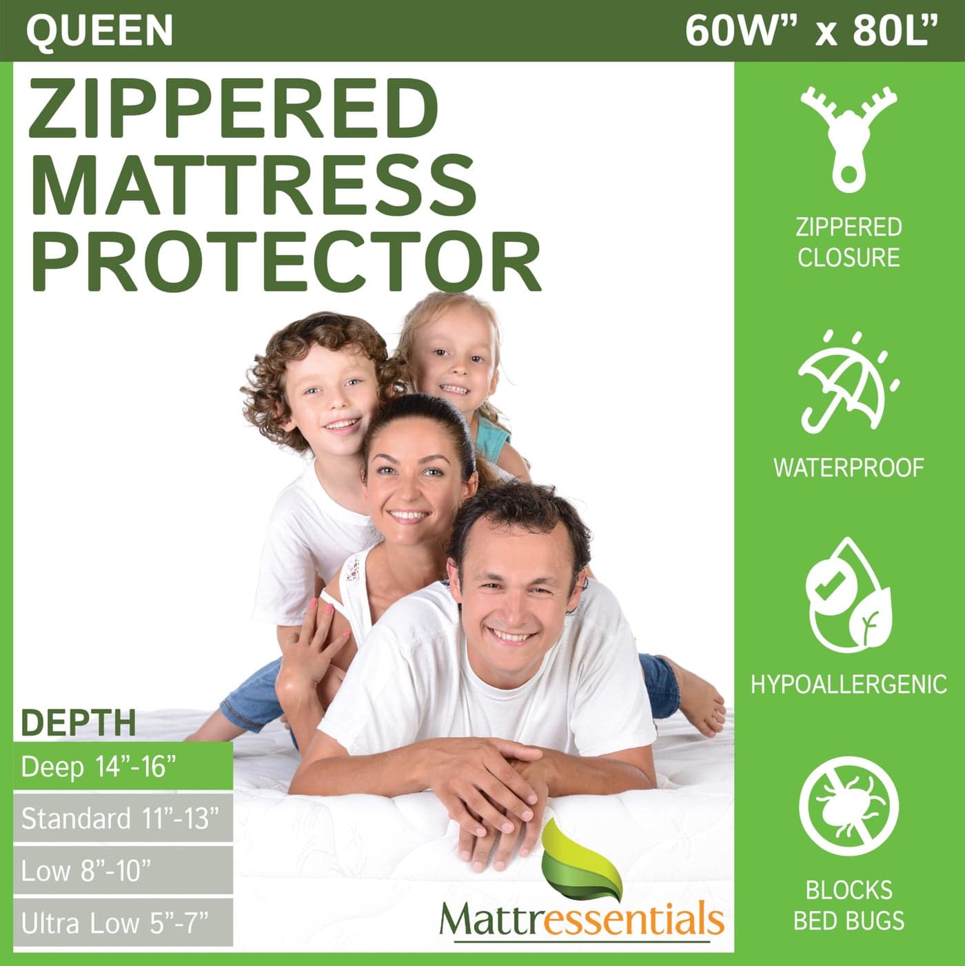 Zippered Queen Mattress Protector 1416 Depth Bed Bug Waterproof Mattress Cover Premium Quality Hypoallergenic Encasement White