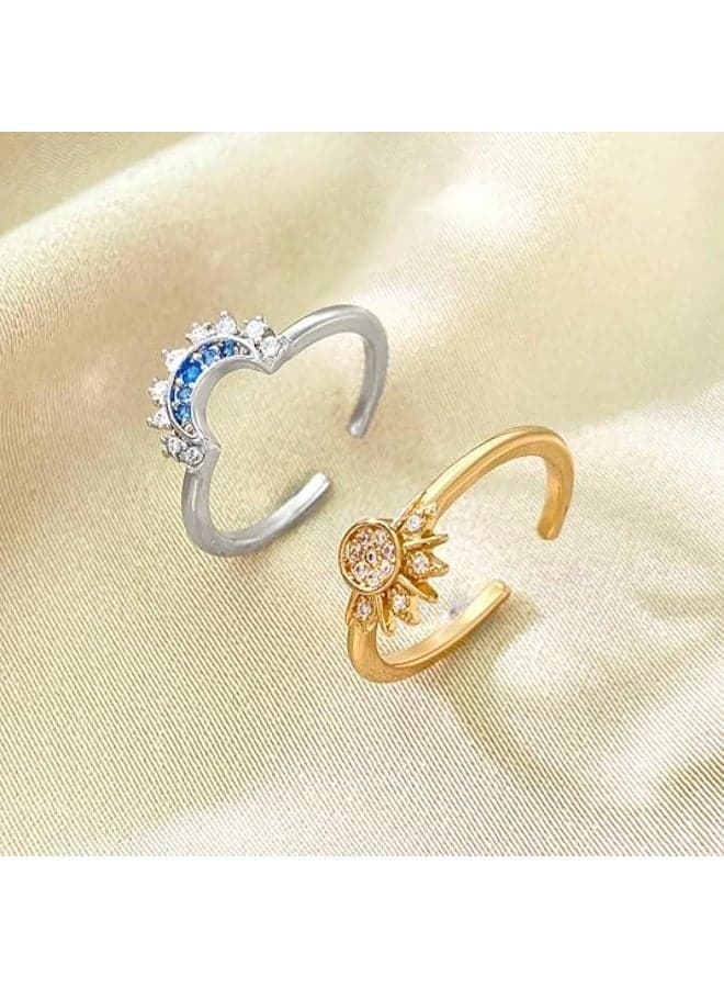 Sun Moon Ring Set, Stackable Rings for Women Girl Sparkling Gold Sun Ring/Blue Moon Ring Couple Rings Matching Rings as Friendship Best Friend jewelry for Women Men