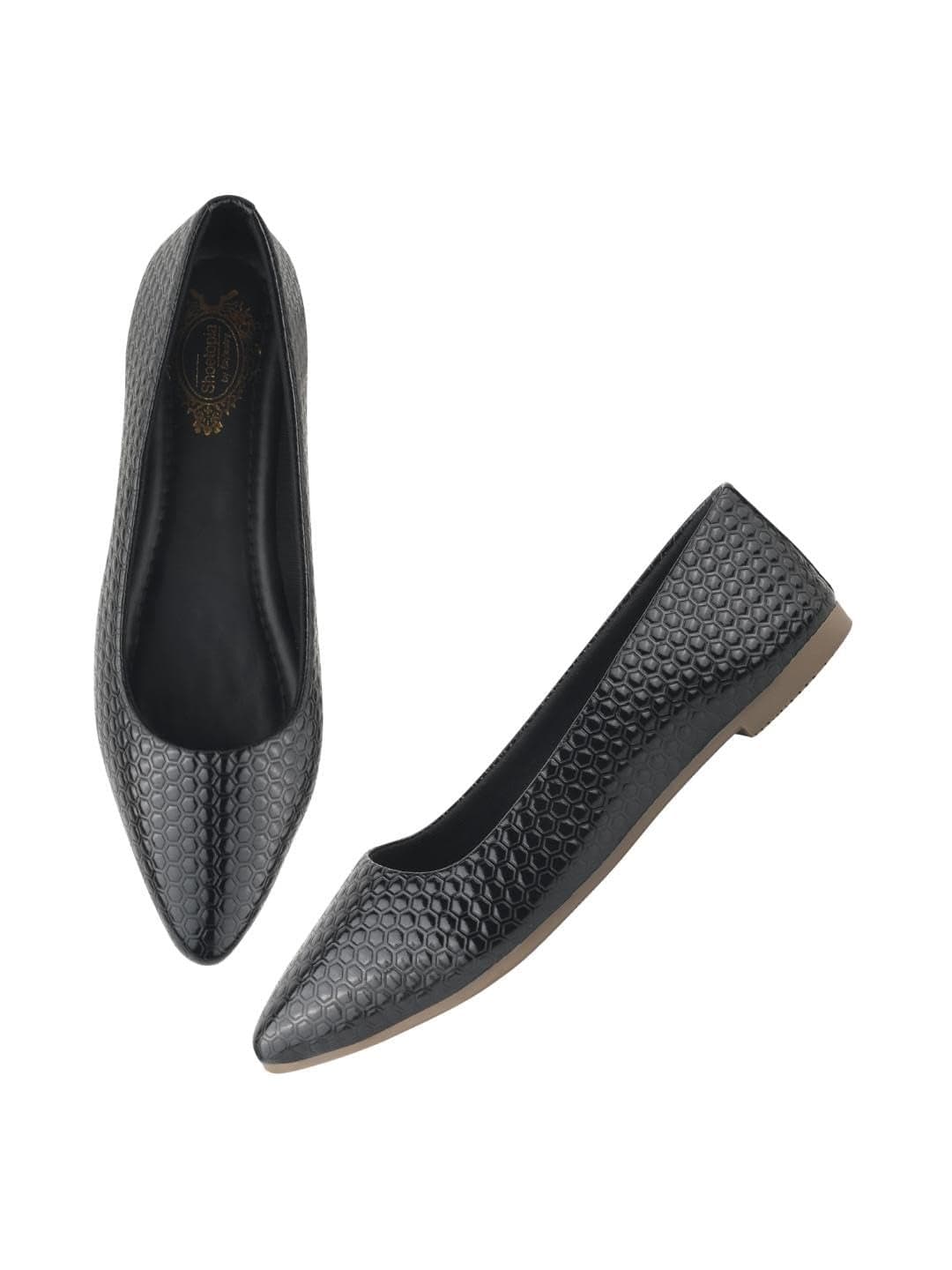 Shoetopia Women's BlackTextured Bellies – Stylish Pointed Toe Flats for Office, Casual & Daily EU36