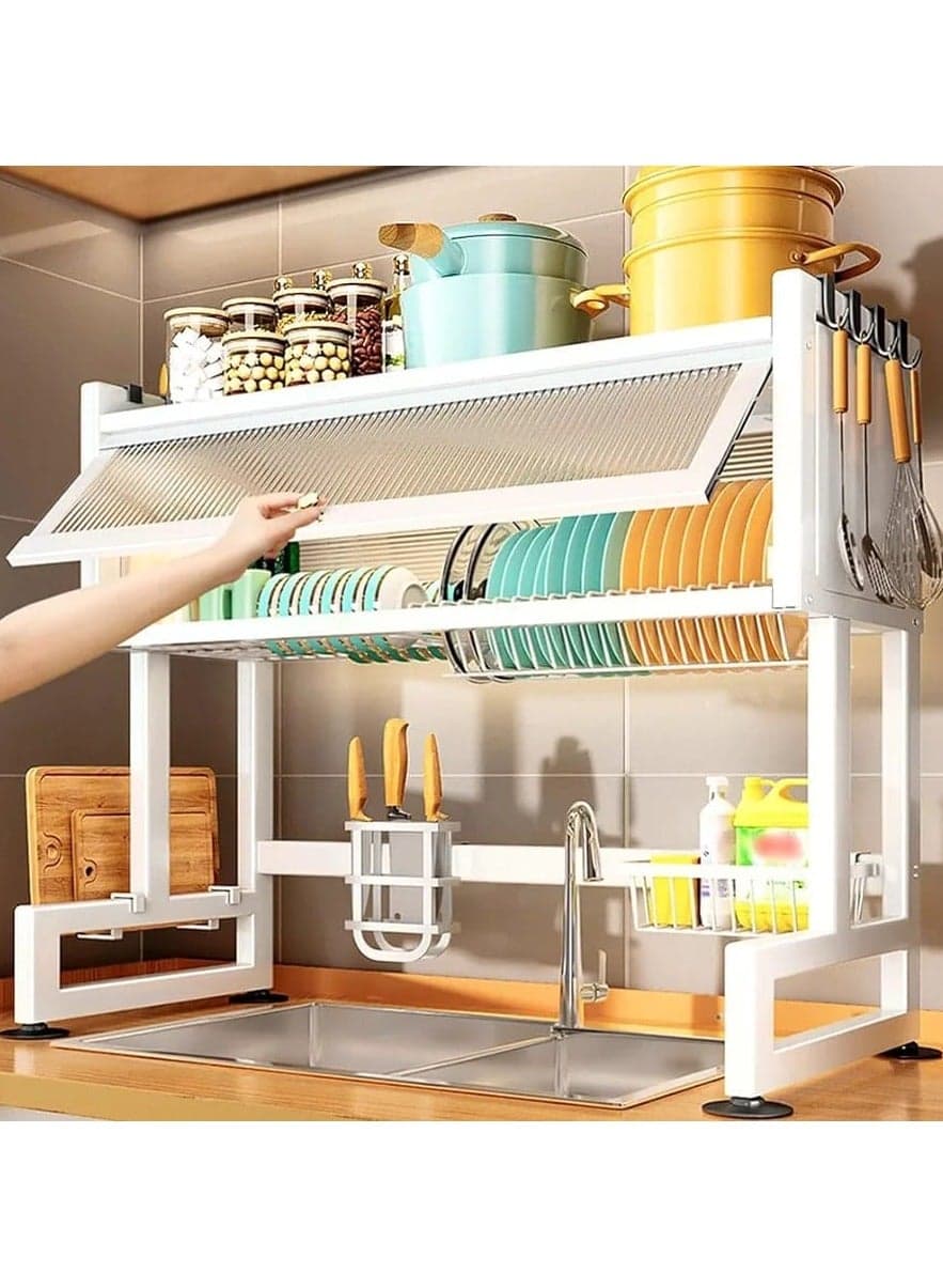 Dish Cabinet Rack Over Sink Drainer With Cover Stainless Steel Plate Drying Storage Kitchen Organizer