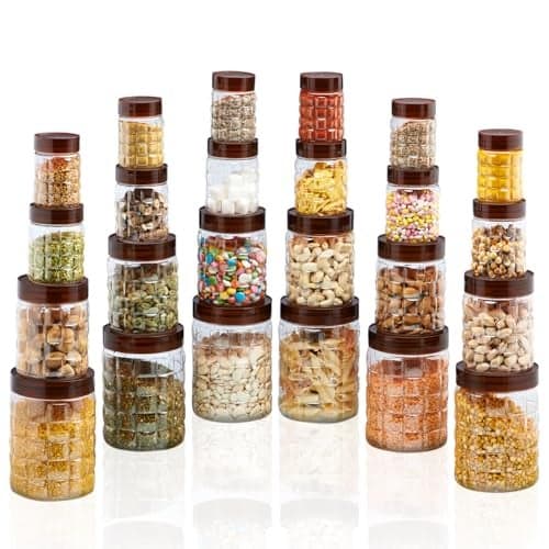 SCL Steelo Solitaire 24 Pcs Plastic Storage Container Set (200ml x 6, 300ml x 6, 600ml x 6, 1200ml x 6) Airtight Kitchen Containers, BPA Free Food Grade PET, Fridge & Freezer Safe