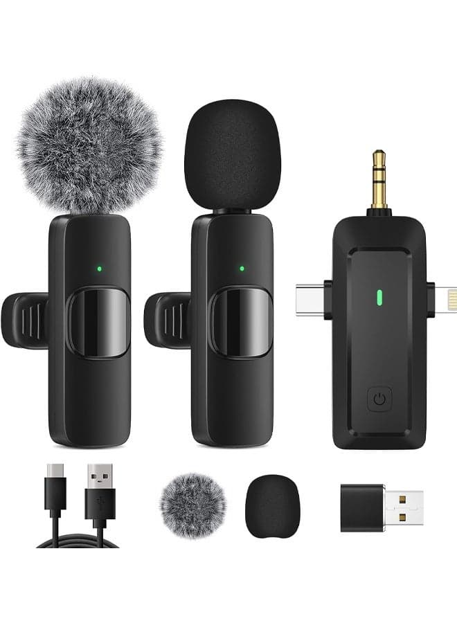 Microphone for iPhone Android Camera iPad USB-C, 4 in 1 Professional Wireless Lavalier Lapel Microphone for Recording, Live Stream, YouTube, Facebook, TikTok, Vlog