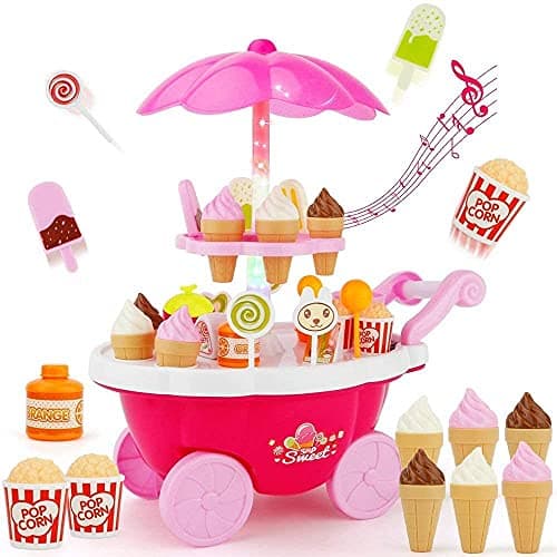 LONGMIRE Plastic Luxury Sweet Shop Cart for Kids, 39 Pcs Ice Cream Kitchen Set Cart with Music & Led Lights | Ice Cream Kitchen Set Toys for Kids (Ice Cream -25)