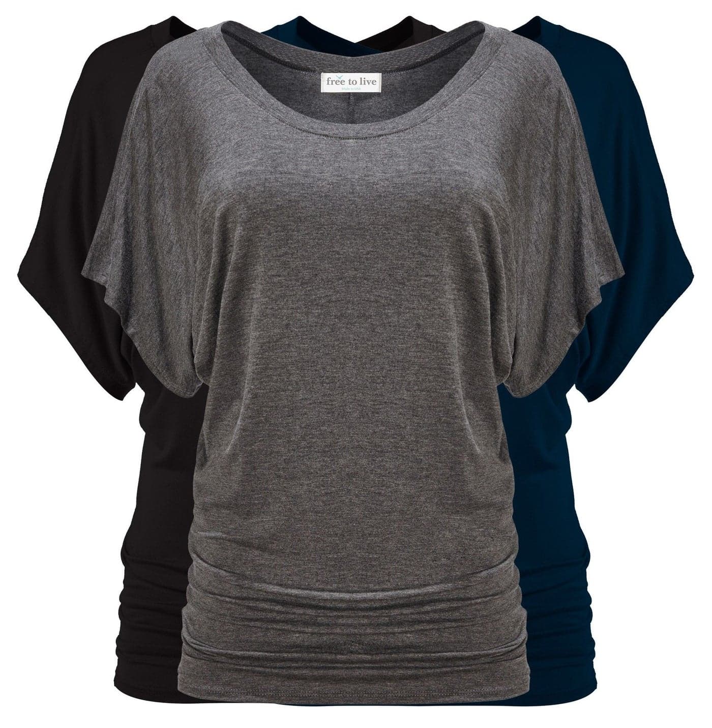 Free to Live 3 Pack Dolman Short Sleeve Business Casual Tops for Women Shirts Fall Dressy Tunic (XXL, Black, Charcoal, Navy)