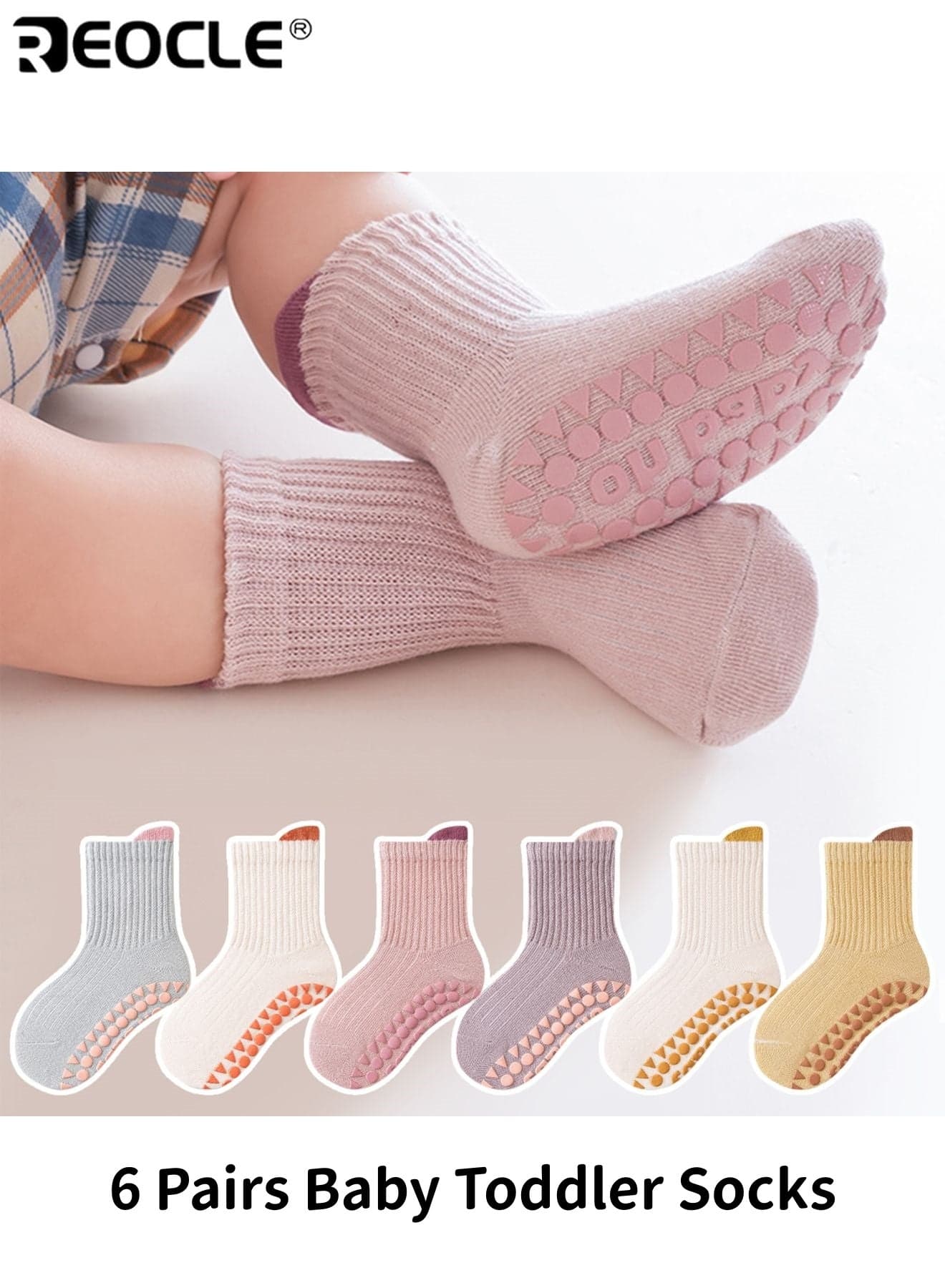 6 Pairs Baby's Cartoon Learning Socks with Soft Sole and Anti-Slip Design Baby Toddler Socks with Gripper Bottom for Indoor Home Daily Use