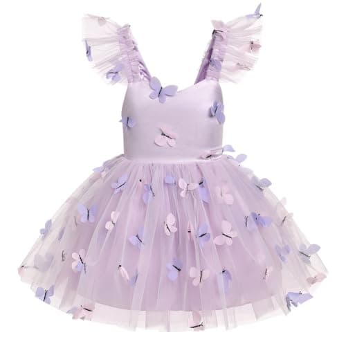 IDOPIP Baby Girls Butterfly Tutu Dress Summer Sleeveless Ruffle Smocked Backless Princess Birthday Party Dresses Toddler Girl First Communion Pageant Flower Sundress Purple - Butterfly 12-18 Months