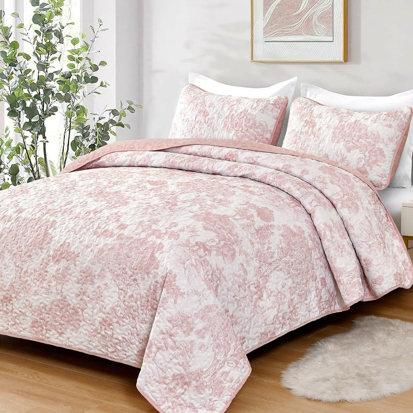 WONGS BEDDING Quilt Set Queen Size 3 Pieces Pink Floral Plants Printed Bedspread Coverlet Set Soft Lightweight Microfiber Botanical Bedding Set for All Season 96x90