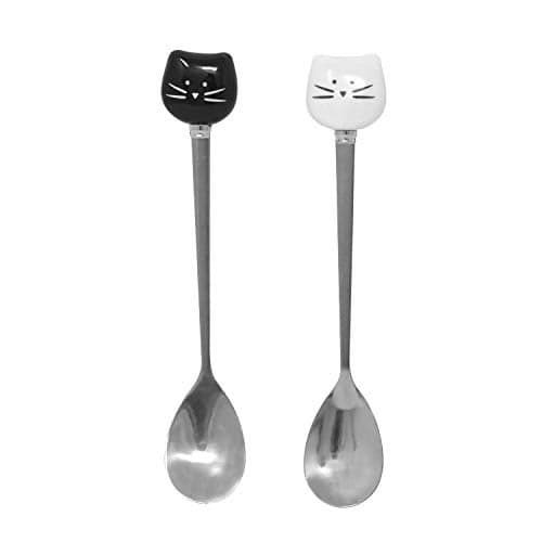 Honbay 2PCS Cute Cat Spoon Set - Stainless Steel Tea, Coffee & Sugar Spoons for Cat Mug, Black and White