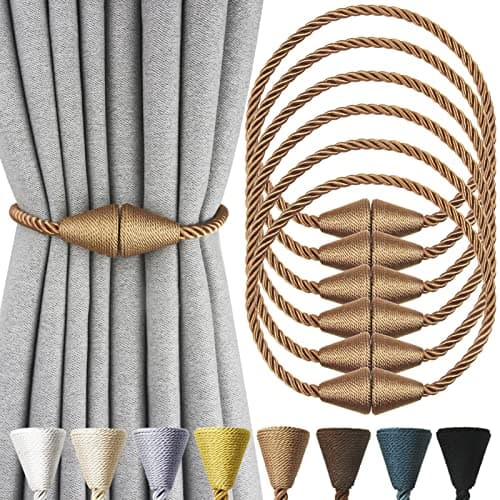 Nieffeiy 6 Pack Magnetic Curtain Tiebacks Rope Modern Handmade Curtain Tie Backs Decorative Drapes Weave Holdbacks for Window Décor, Khaki