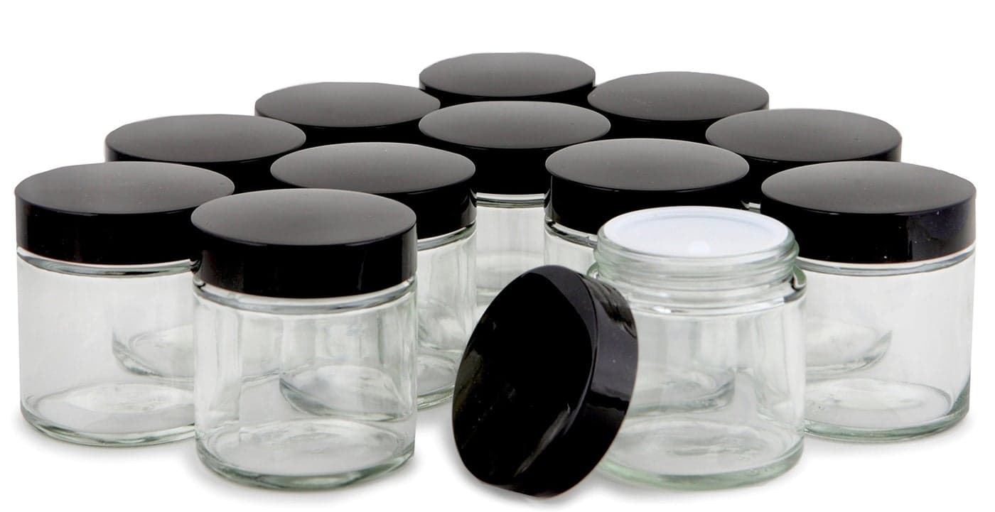 Vivaplex 12 Clear 4 oz Round Glass Jars with Inner Liners and black Lids