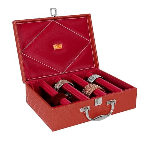 LEDO Bangle Box Organizer Holder Case for Women in PU Leather with 4 Rods in PU Leather Cherry Color
