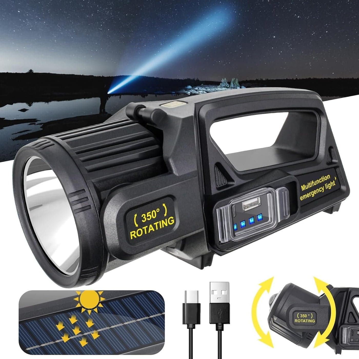 Glaceon 1000000 Lumens Spotlight Rechargeable Led Spotlight Flashlight with 350 Rotate Head 9 Modes Bright Spot Lights Outdoor Handheld IPX6 Waterproof Solar Flashlight GC05