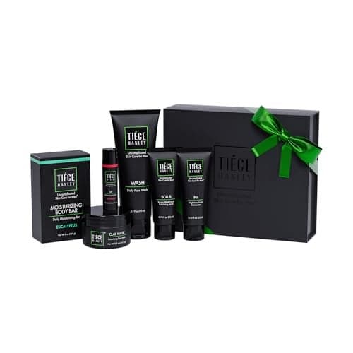 Tiege Hanley Skin Care Gift Box for Men Silver Gifting Skincare Set With Daily Face Wash Exfoliating Scrub AM PM Moisturizer Clay Mask Lip Balm Body Bar Soap Mens Skin Care 6 Piece Set
