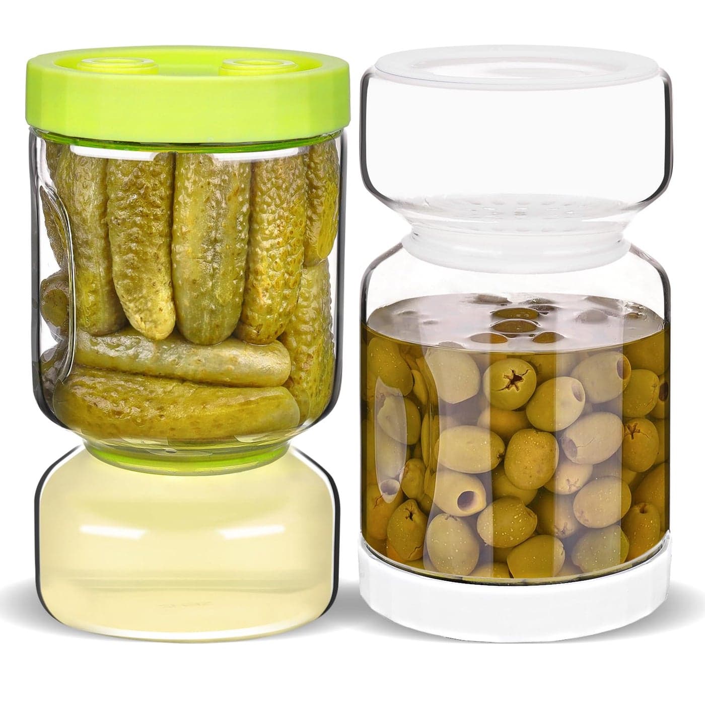 ZENS Glass Pickle Jar with Strainer Flip 2 Pack Pickle Container Olive Hourglass Jars Airtight Pickle Juice Separator from Wet and Dry Pickles Storage Jar 51ozGreen White