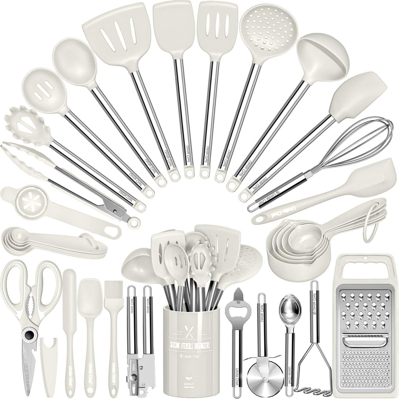 Kitchen Utensils SetUmite Chef 34 Pcs Silicone Cooking Utensils Set for Nonstick CookwareSilicone Spatulas Set Stainless Steel HandleWhite Kitchen Gadgets Tools Pots and Pans Accessories