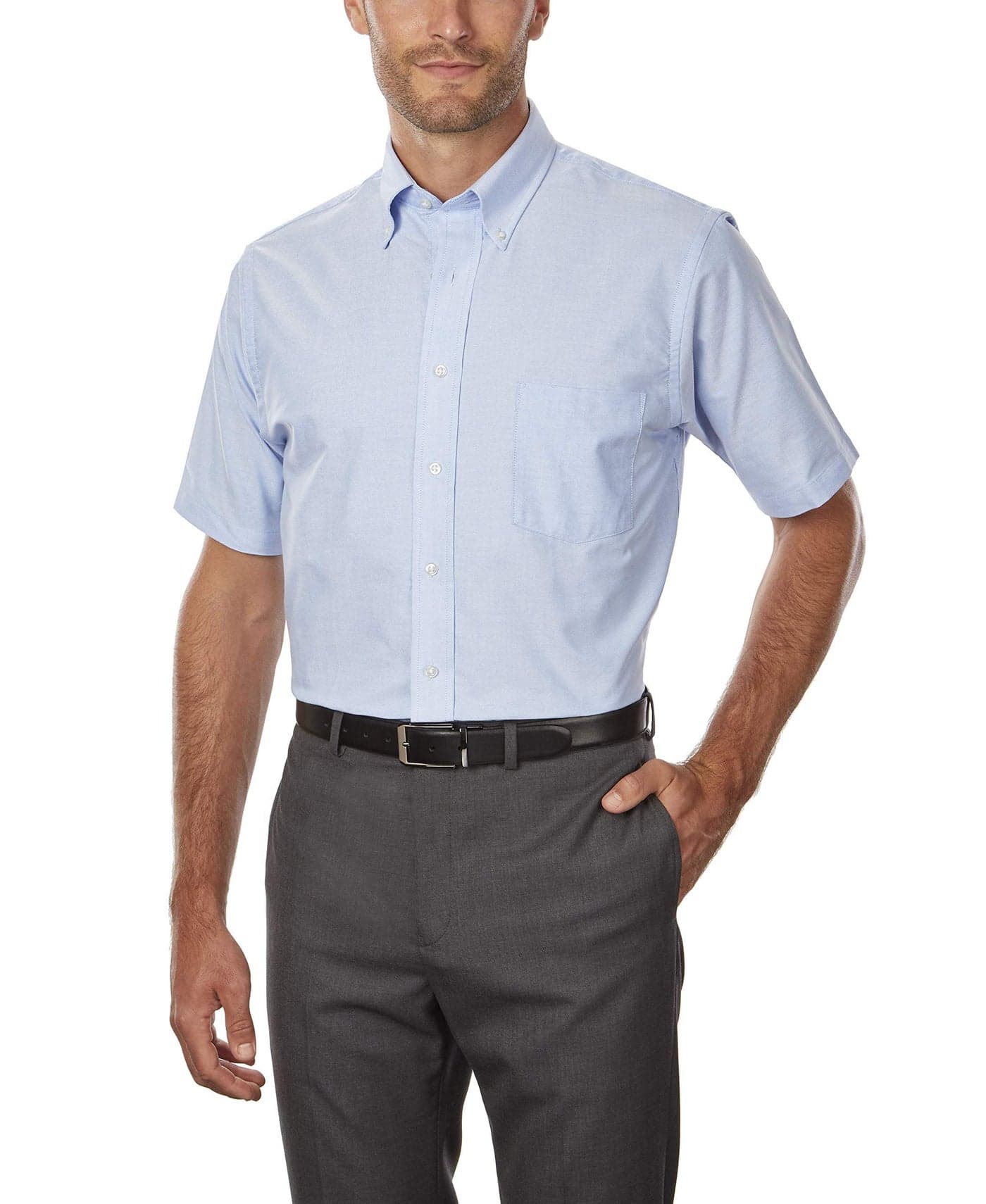 Van Heusen Men's Short Sleeve Dress Shirt Regular Fit Oxford Solid, Blue, 17.5"-18" Neck
