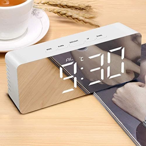 Zaffron Digital Large LED Mirror Alarm Clock with Snooze Time Temperature Function for Bedroom Office Travel Battery Powered USB Powered White