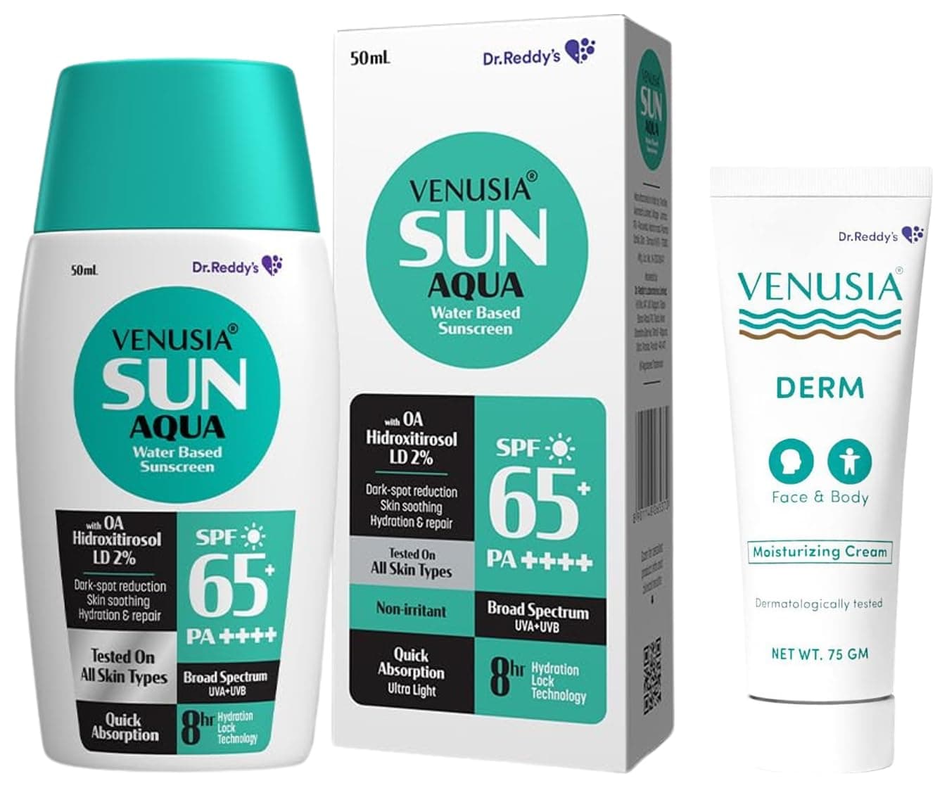 Venusia Derm moisturising lotion 75g Venusia Water based sunscreen SPF65Full spectrum protection 50g