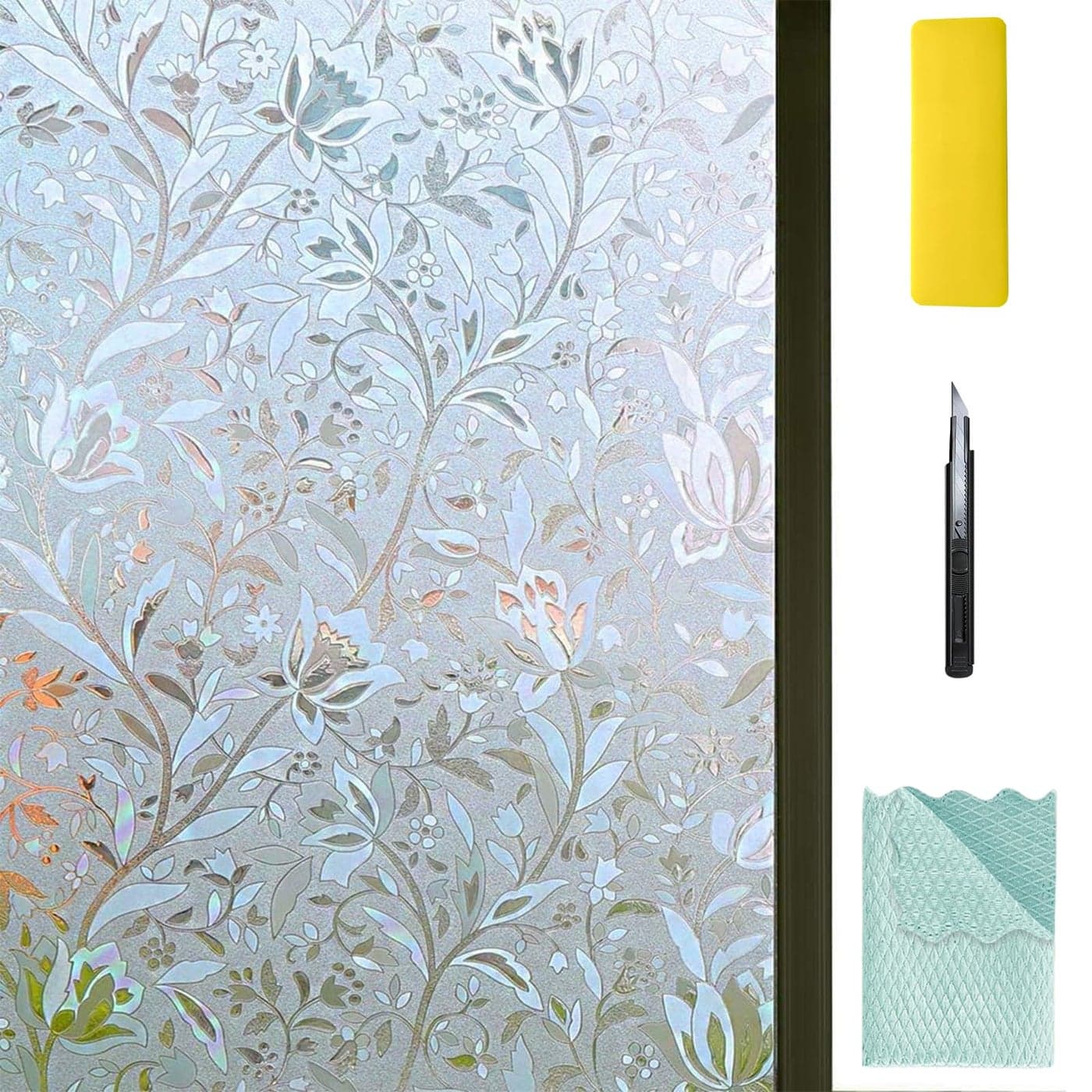 NIVIY Excellent Quality 3D Static Cling Window Film with Installation Tools Self Adhesive Window Covering Decorative Flower Privacy Film for Window 177 x 787