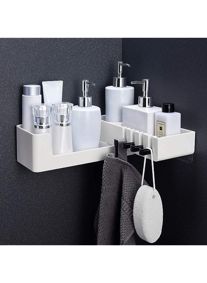 Bathroom Corner Shelf Self Adhesive - Shower Caddy Rotatable Without Drilling with 4 Hooks for Bathroom Basket Kitchen Storage, 210° Corner Storage Shower Shelf with 4 Hooks