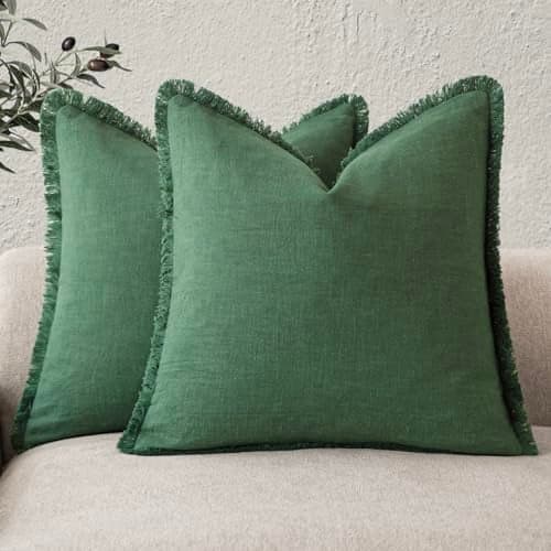 Foindtower Set of 2 Decorative Linen Fringe Throw Pillow Covers Cozy Boho Farmhouse Cushion Cover with Tassels Soft Accent Pillowcase for Couch Sofa Bed Living Room Home Decor 2020 Inch Pine Green