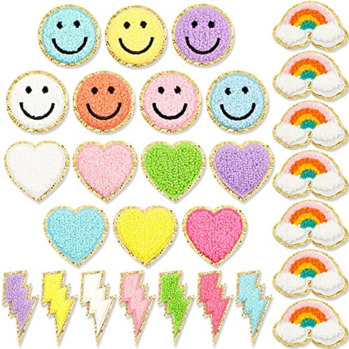 Jutom 28 Pcs Iron On Patches Colorful Sew Iron on Patch Chenille Embroidered Applique for Clothing Fabric Jackets Jeans Repair Decor CraftCute Style