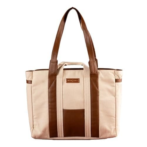 Urban Space Women Tote Bag | Canvas Handbag with Zip closure | Tote Bag for Office | Handcrafted Ladies Shoulder Purse for Office | Laptop bag | Padded Laptop space For Upto 16" - Natural Beige