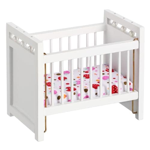 Garneck Miniature Dollhouse Crib White Dollhouse Cot Mini Cot Mini Furniture Decoration Miniature Birch Crib