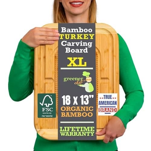 GREENER CHEF 18 Inch Extra Large Organic Turkey Carving Board with Lifetime Replacements - XL Wooden Butcher Block Meat Cutting Board with Pour Spout - Thanksgiving Cooking Essentials