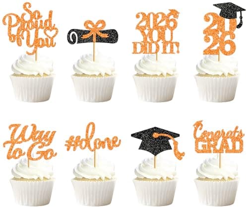40Pcs Graduation Cupcake Toppers 2026 PreAssembled Graduation Cupcake Toppers Orange and Black Graduation Decorations Black and Orange Graduation Decorations Class of 2026 Cupcake Toppers